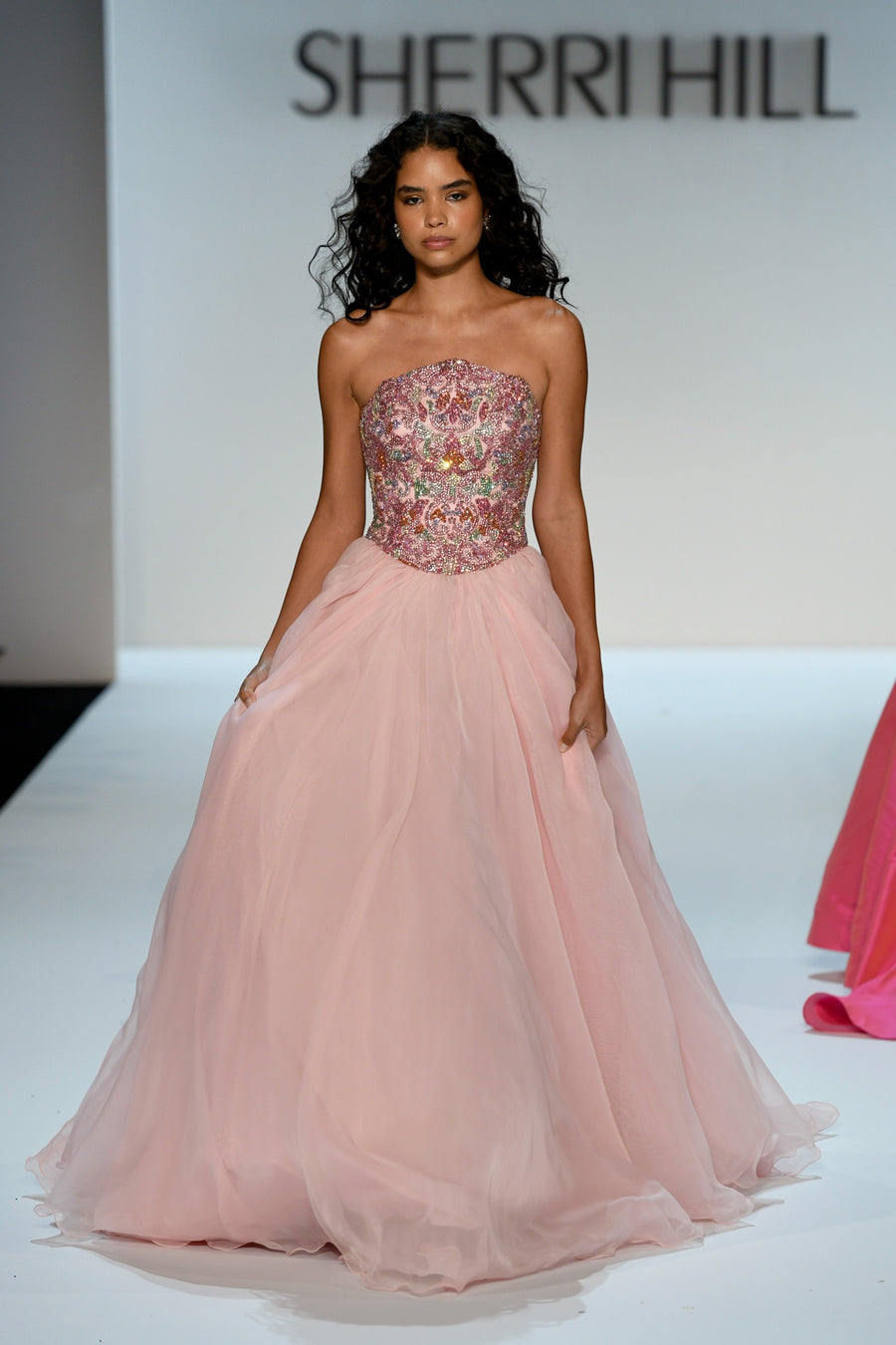 Sherri Hill style 67338 in light pink/multi, Strapless Beaded Chiffon Ballgown