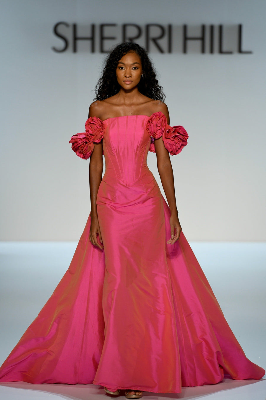 Sherri Hill style 67309 in bright fuchsia, Off-the-Shoulder Corset Gown with Rosettes