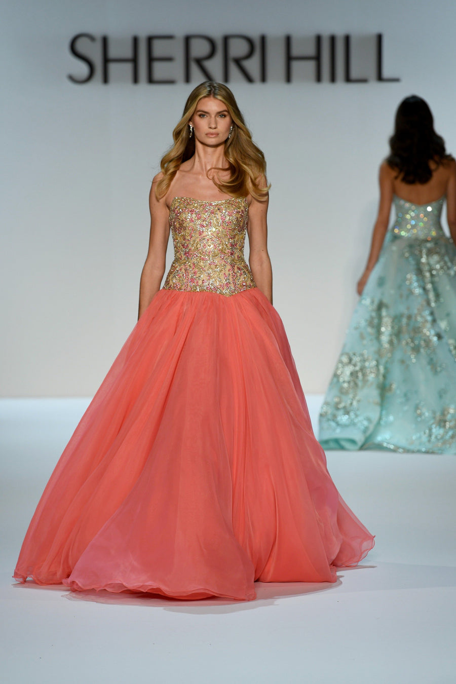 Sherri Hill style 67344 in coral/nude/coral/gold/ab, Strapless Drop-Waist Chiffon Ballgown