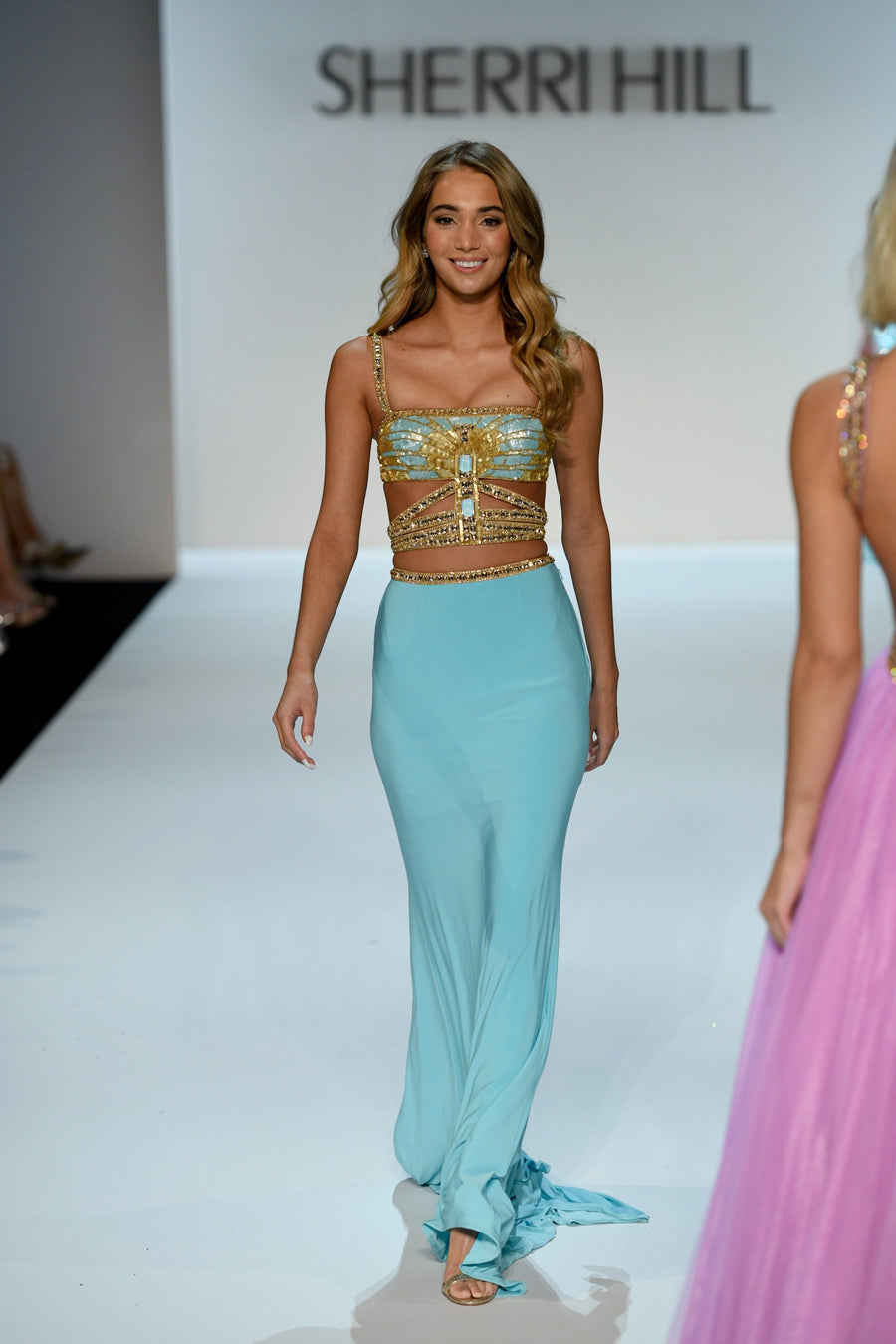 Sherri Hill 58289 fitted beaded gown with matte jersey skirt in aqua with gold