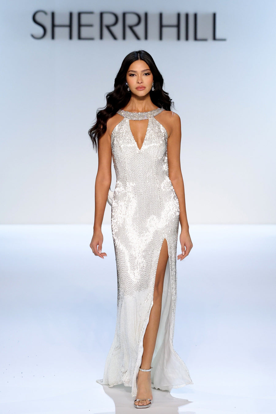 Sherri Hill style 46714 in ivory/silver, Halter Beaded Couture Gown with Cowl Back