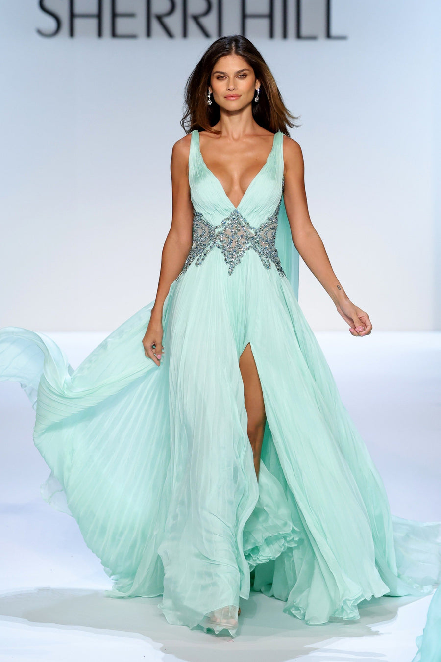 Sherri Hill style 46755 in mint, A-Line Chiffon Couture Gown with Drapes