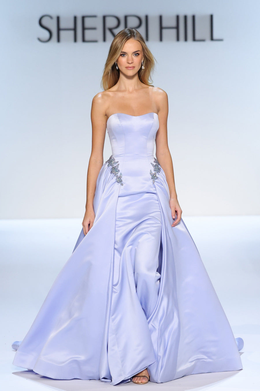 Sherri Hill style 46705 in periwinkle, Satin Couture Gown with Overskirt