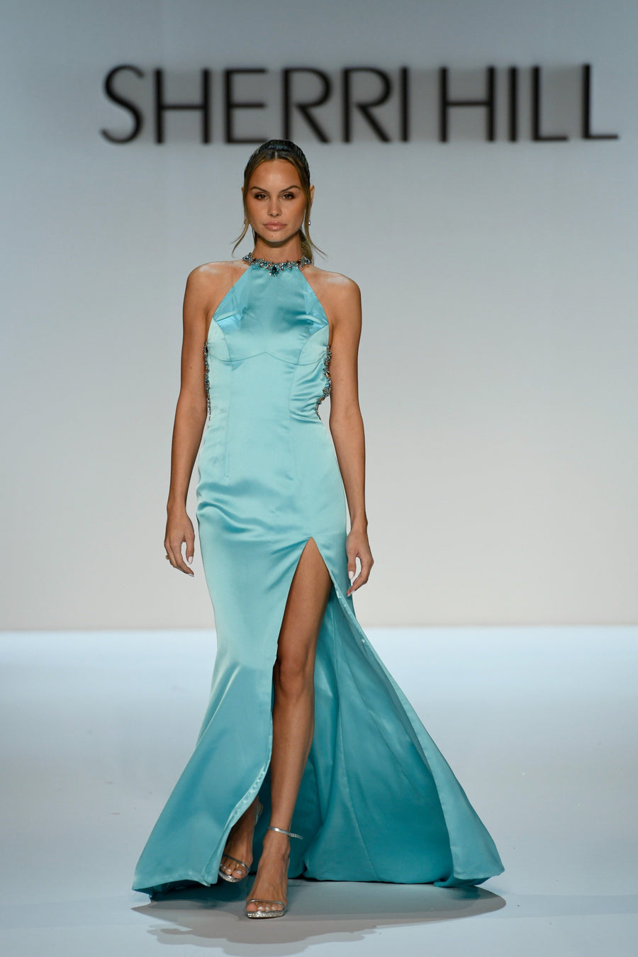 Sherri Hill style 46725 in aqua/gold, High Neck Satin Fitted Couture Gown