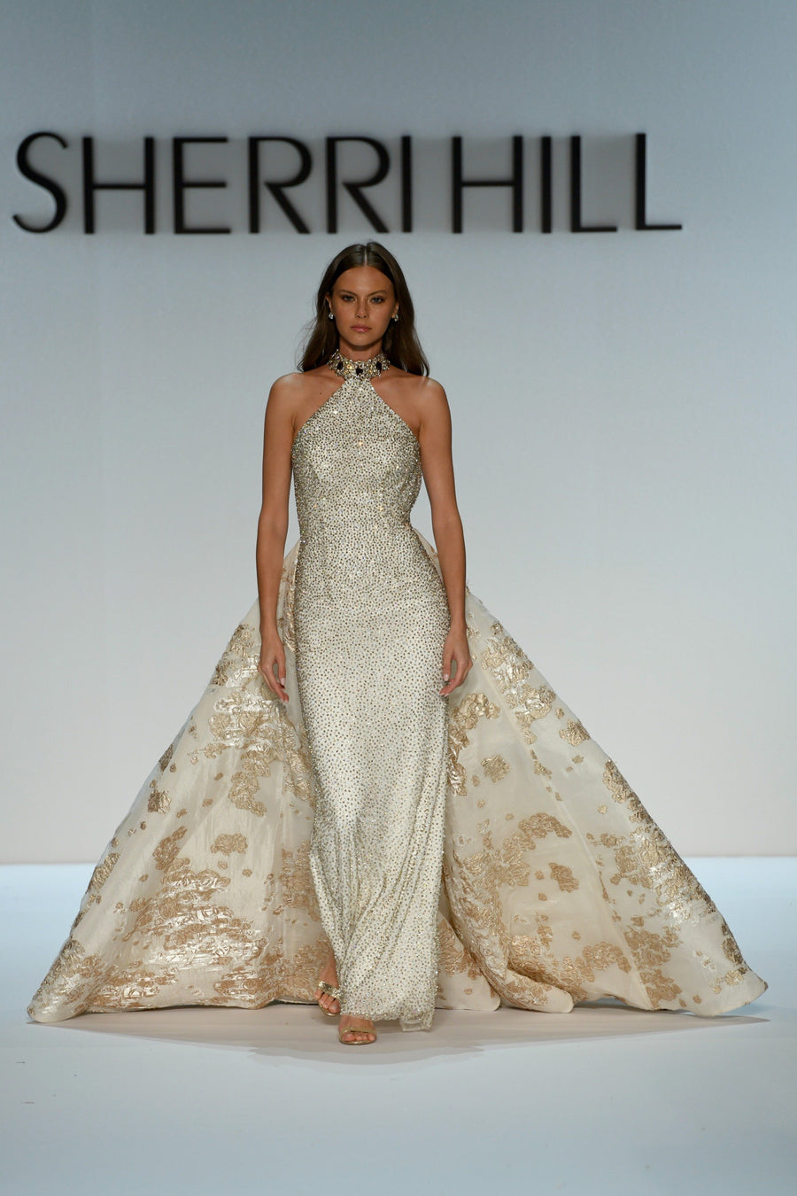 Sherri Hill style 46751 in ivory/gold, High Neck Beaded Couture Overskirt Gown
