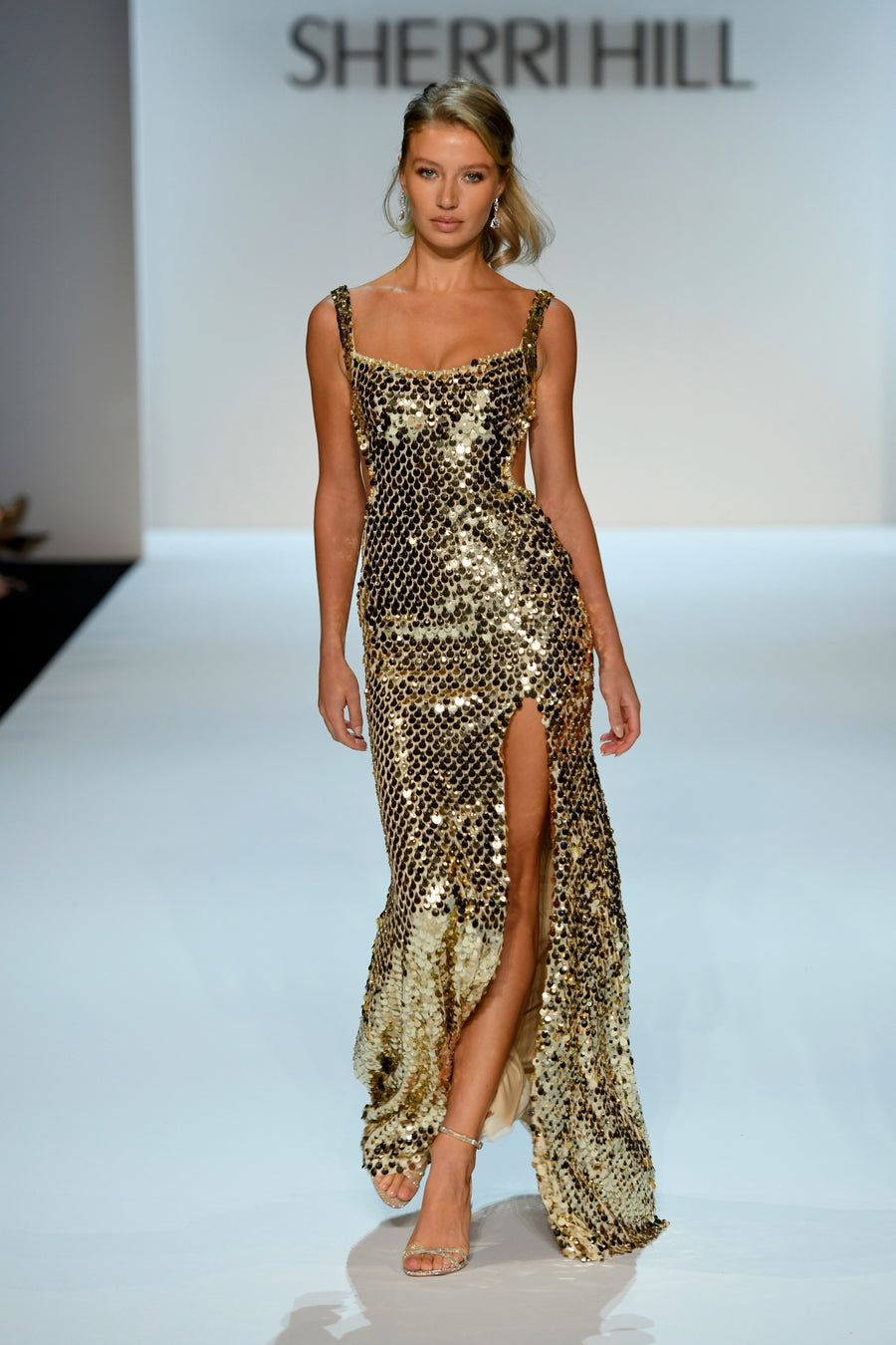 Sherri Hill style 58860 in gold, Fitted Sequin Gown with Side Cuts