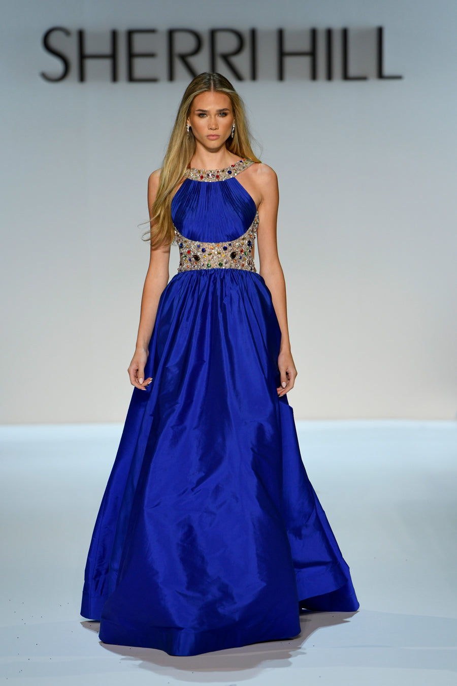 Sherri Hill style 58905 in bright royal/multi, Halter A-Line Beaded Gown