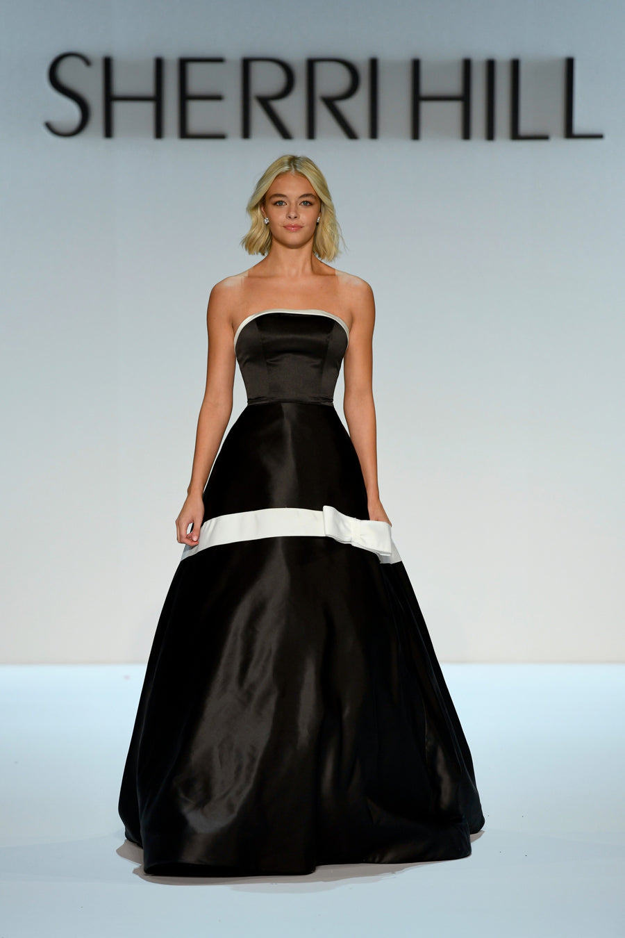 Sherri Hill style 58918 in black/ivory, Strapless Satin Ball Gown with Bow