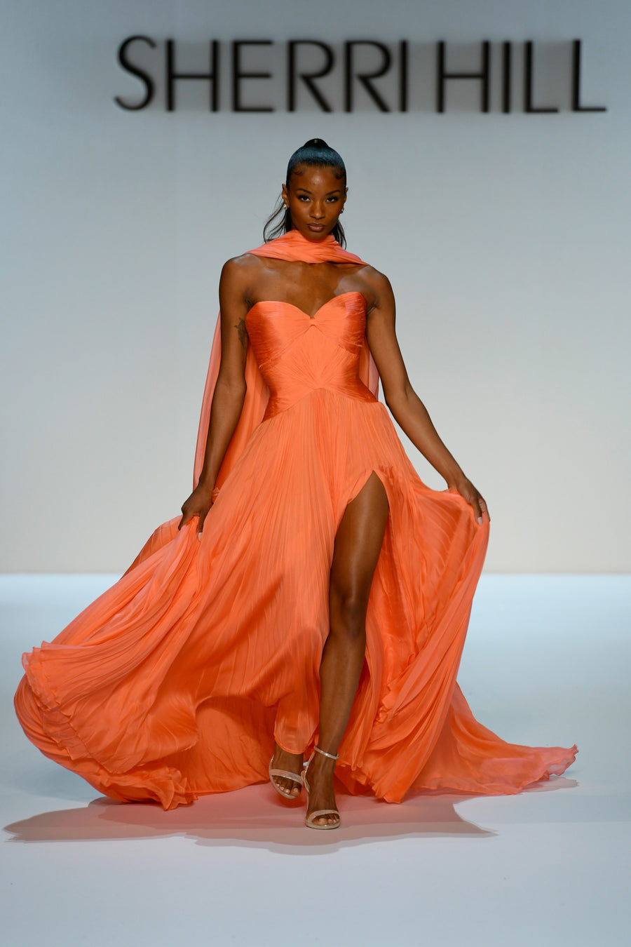 Sherri Hill style 46715 in coral, Strapless Chiffon A-Line Couture Gown
