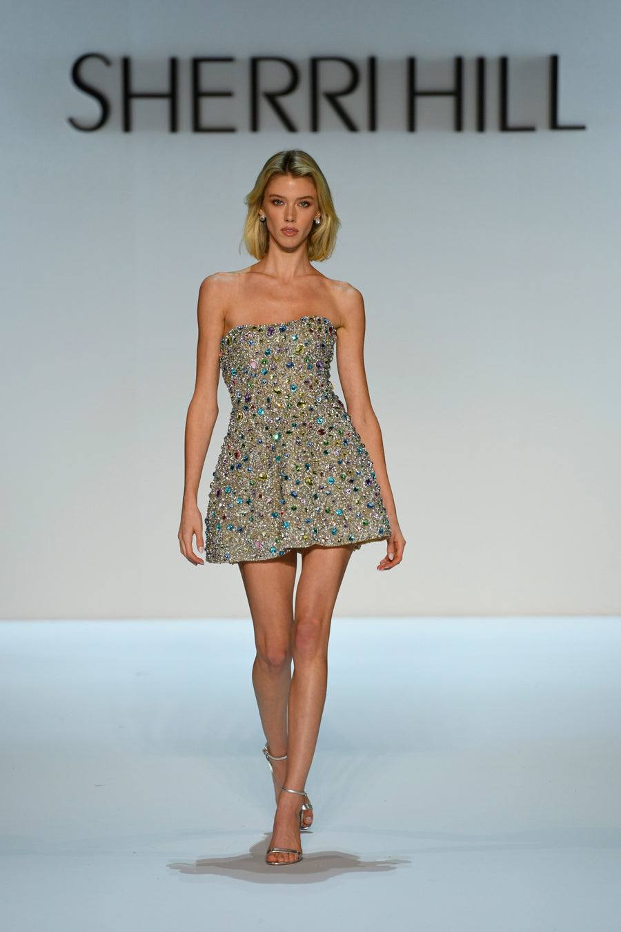 Sherri Hill style 67342 in nude/silver/multi, Fully Beaded Strapless Cocktail Dress