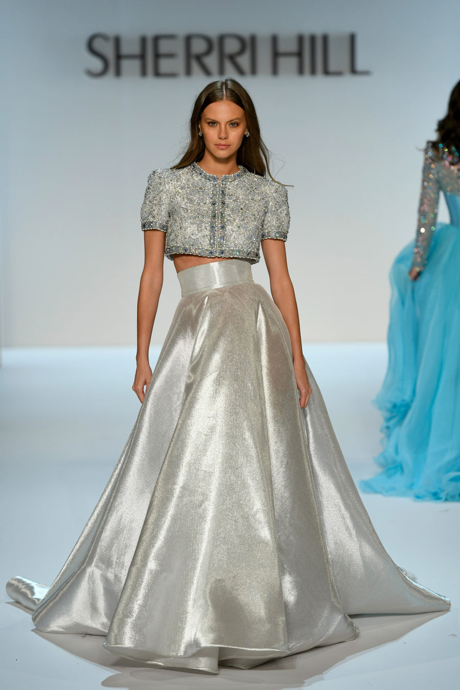 Sherri Hill style 46780 in silver, Two-Piece Couture Gown with Beaded Top