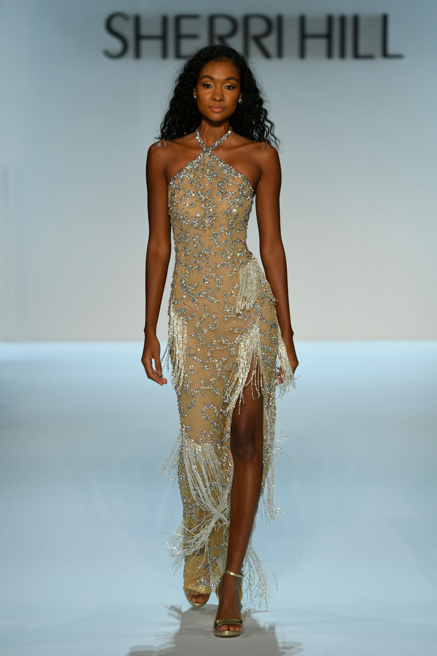Sherri Hill style 46727 in nude/silver, High Neck Beaded Couture Gown with Fringe