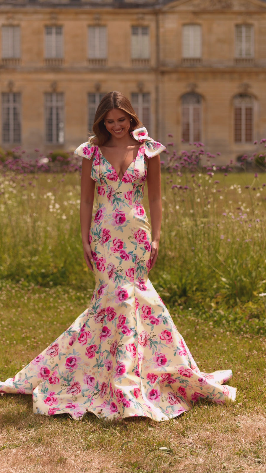 Sherri Hill style 57848 in yellow print, Mermaid Floral Gown