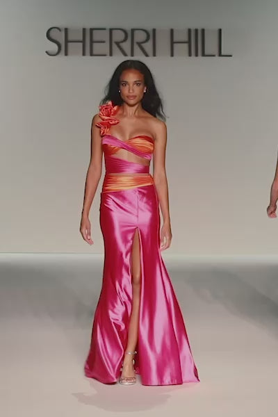 Sherri Hill style 57152 in fuchsia/orange, One Shoulder Stretch Satin Gown