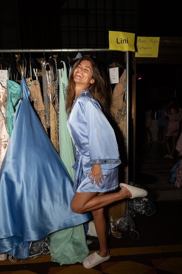 Model Lini Kennedy backstage at the Sherri Hill Spring 2027 show