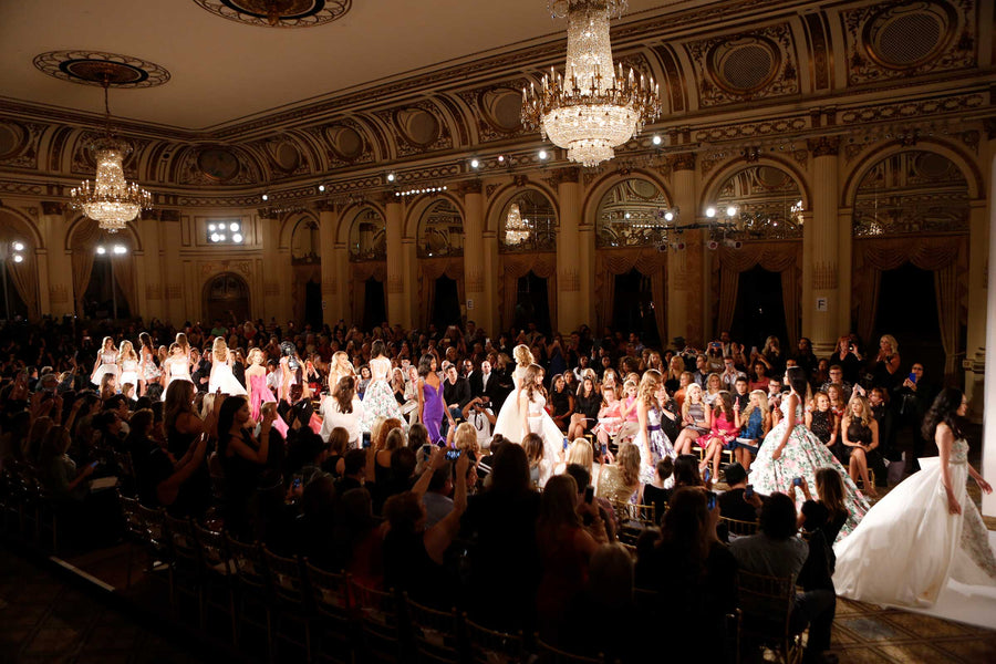 Model walking the runway at a Sherri Hill New York Fashion Week show at The Plaza Hotel
